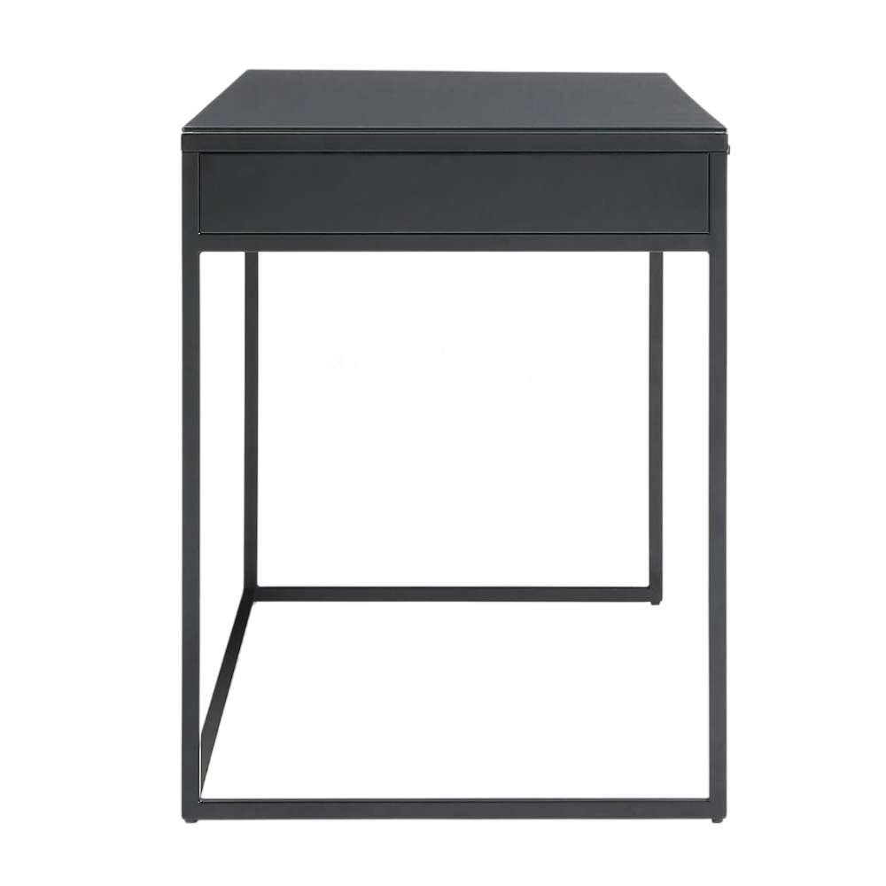 Side view of Crate & Barrel Casement 60" Black Metal Desk showing its slim black metal frame
