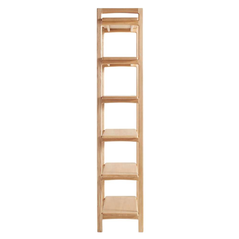 Side view of Crate & Barrel Elias Natural Elm Wood Open Bookcase showing its slim profile and evenly spaced open shelves