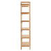 Side view of Crate & Barrel Elias Natural Elm Wood Open Bookcase showing its slim profile and evenly spaced open shelves