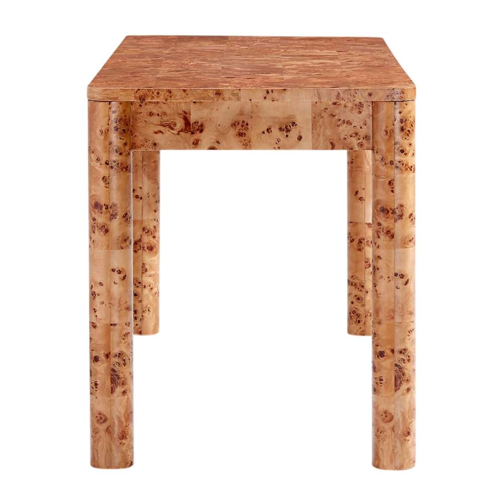 Side view of Crate & Barrel Emerson 60" Mappa Burl Desk highlighting its rounded legs, clean lines, and compact rectangular design