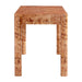 Side view of Crate & Barrel Emerson 60" Mappa Burl Desk highlighting its rounded legs, clean lines, and compact rectangular design