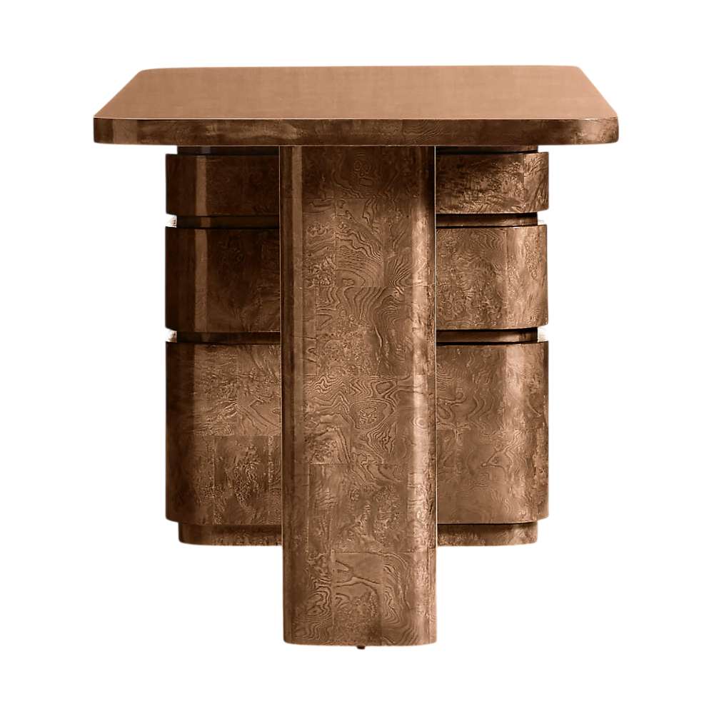 Side view of Crate & Barrel Greye 60" Burl Wood Desk with Swivel Drawers showcasing its curved pedestal base