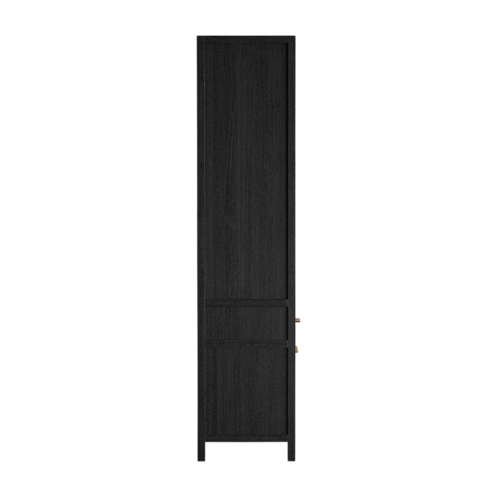 Side view of Crate & Barrel Keane 40" Black Wood Storage Bookcase showcasing its slim profile and clean lines