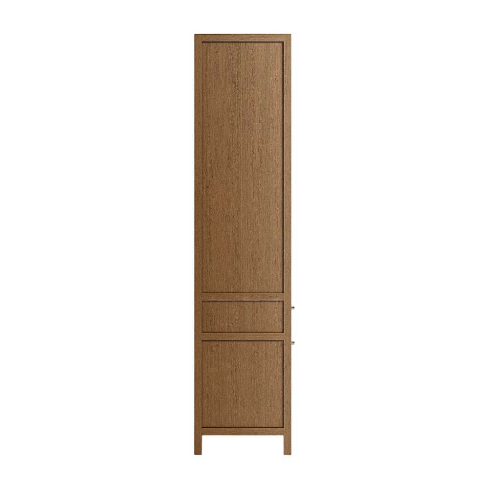 Side view of Crate & Barrel Keane 40" Driftwood Storage Bookcase showcasing its slim profile and clean lines