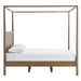 Side view of Crate & Barrel Keane Solid Driftwood King Canopy Bed shows the tall canopy frame, solid headboard, and low-profile platform design