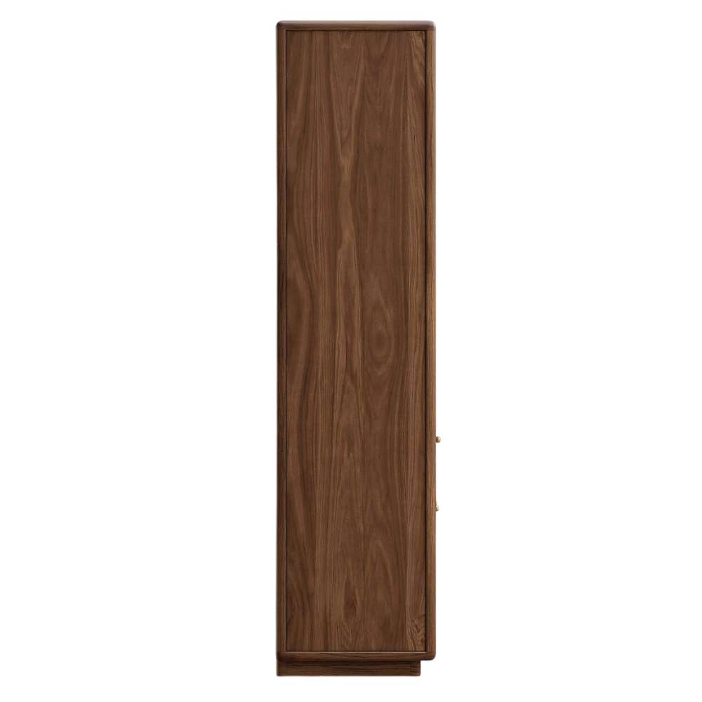 Side view of Crate & Barrel Lafayette 36" Walnut Open Storage Bookcase showing its slim profile and walnut wood grain