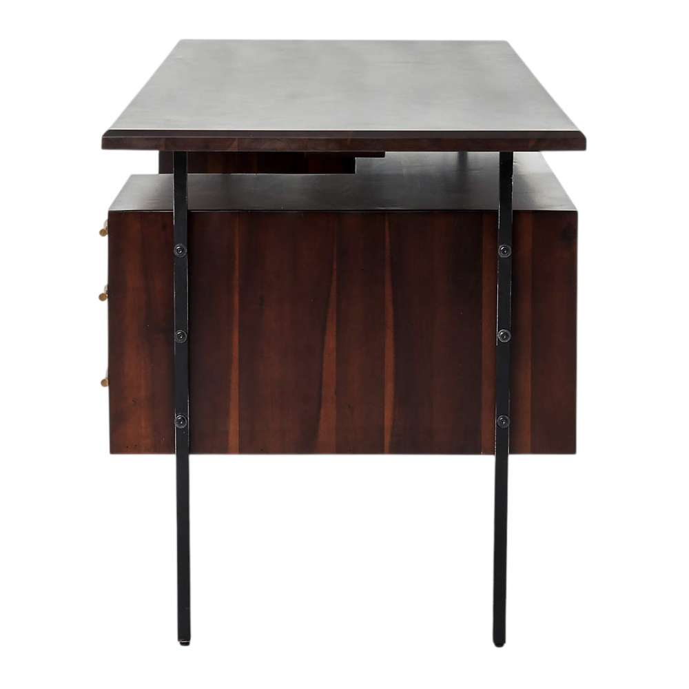 Side view of Crate & Barrel Sedgwick Solid Acacia Wood Desk with Storage showcases its slim metal frame and floating desktop design