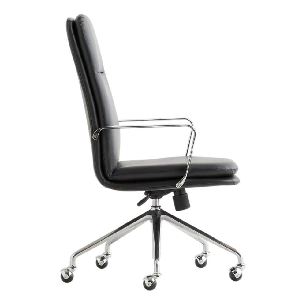 Side view of Crate & Barrel Smythe Black Faux Leather Office Chair showing its slim profile, tall backrest, chrome armrests, and rolling swivel base