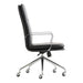 Side view of Crate & Barrel Smythe Black Faux Leather Office Chair showing its slim profile, tall backrest, chrome armrests, and rolling swivel base