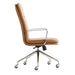 Side view of Crate & Barrel Smythe Camel Faux Leather Office Chair showing its slim profile, tall backrest, chrome armrests, and five-wheel swivel base
