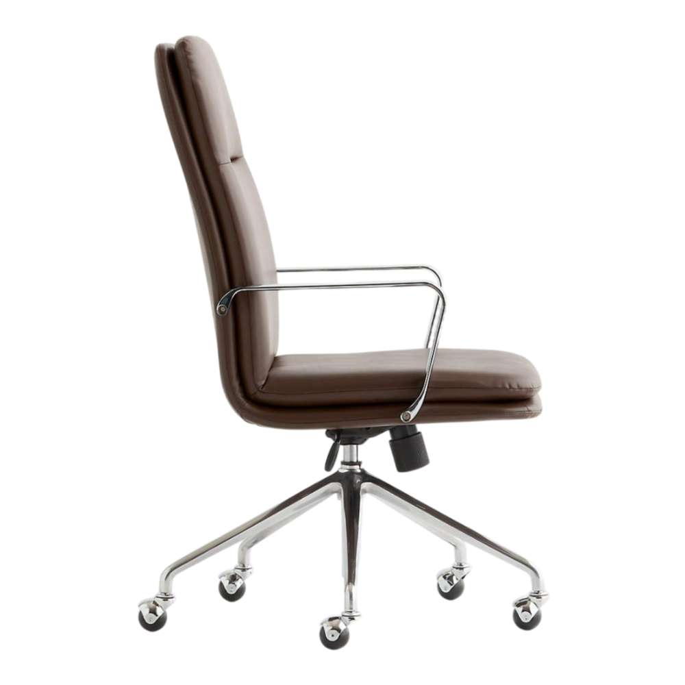 Side view of Crate & Barrel Smythe Chocolate Faux Leather Office Chair showing its slim profile, high backrest, chrome armrests, and rolling swivel base