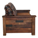 Side view of Fireside Lodge Barnwood Americana Loveseat, emphasizing the thick wooden armrest and reclaimed wood paneling