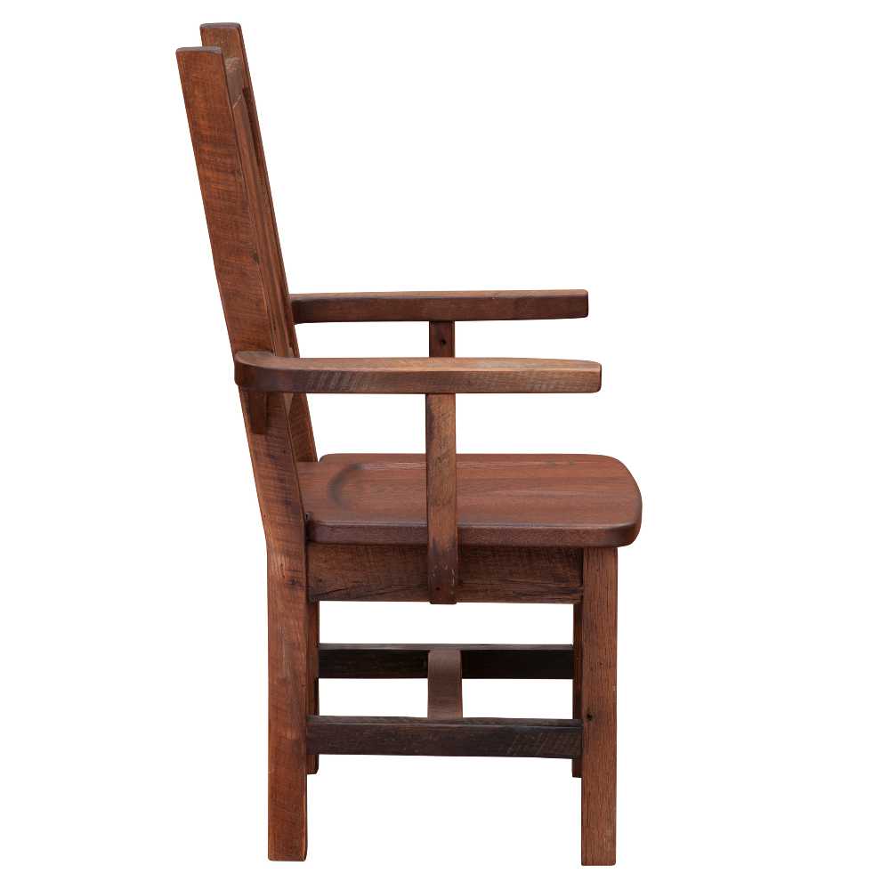 Side view of Fireside Lodge Barnwood Artisan Dining Arm Chair highlighting its sturdy legs, thick armrests, and solid barnwood construction