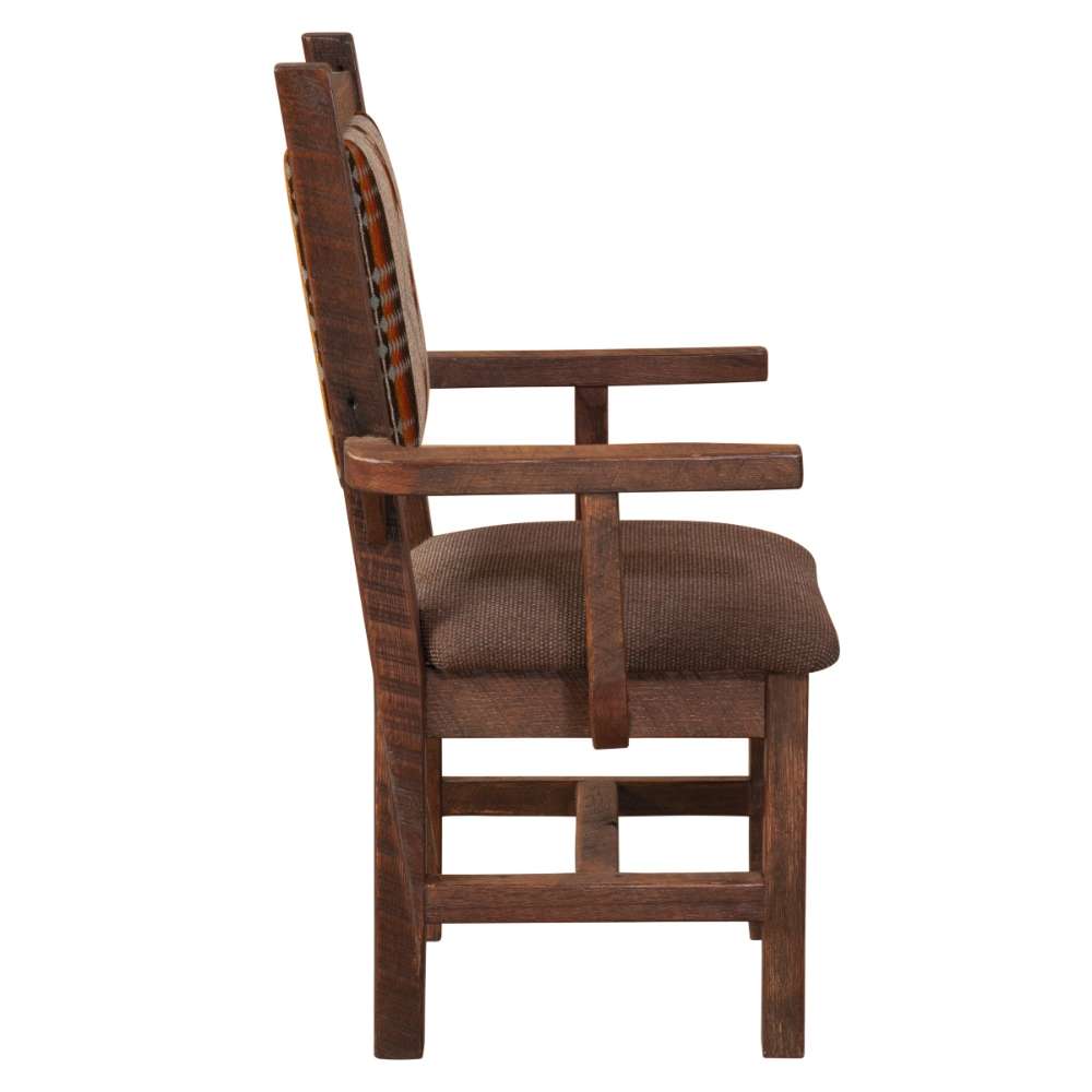 Side view of Fireside Lodge Barnwood Colonial Arm Chair highlighting its solid barnwood construction, armrests, and padded seat