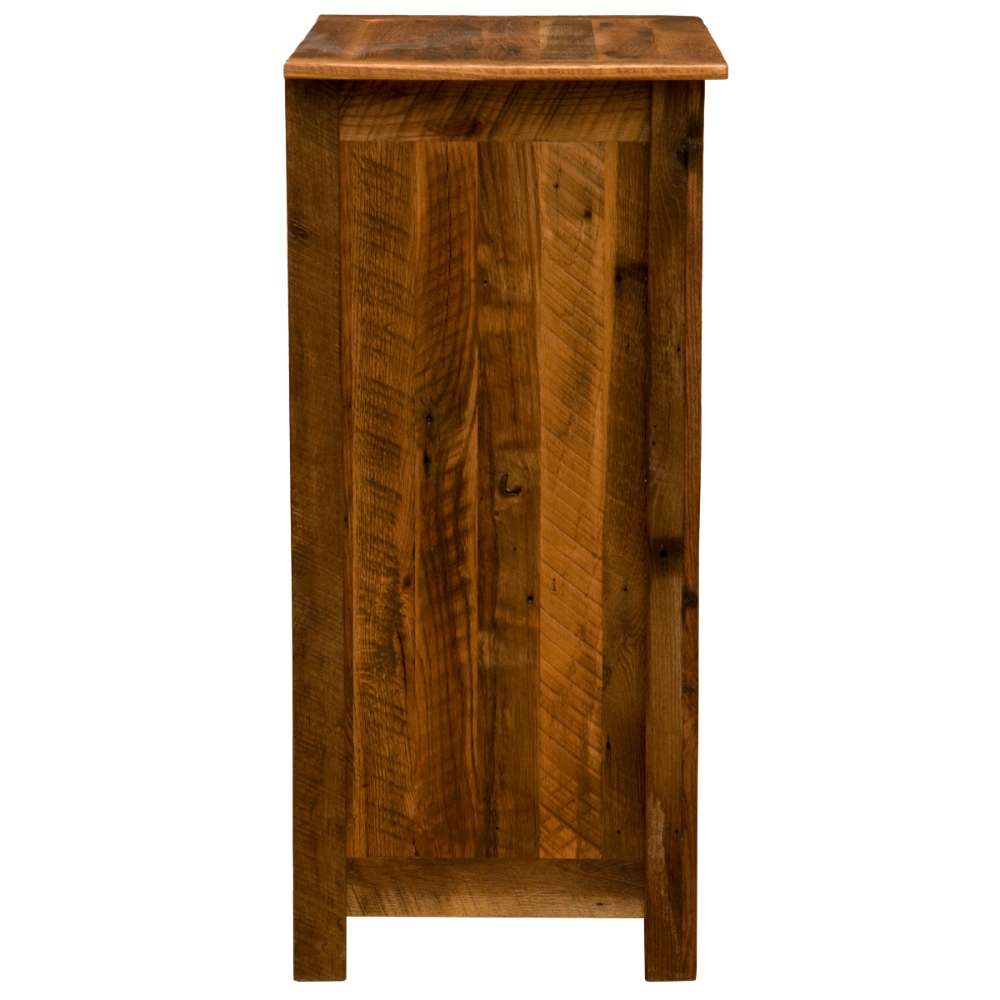 Side view of Fireside Lodge Barnwood Four Drawer Chest showcases the natural wood grain pattern and sturdy craftsmanship