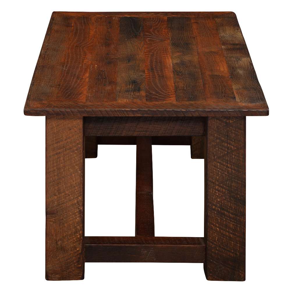 Side view of Fireside Lodge Barnwood Rectangle Coffee Table - 40 x 20 shows its thick wooden top and solid legs made from reclaimed wood
