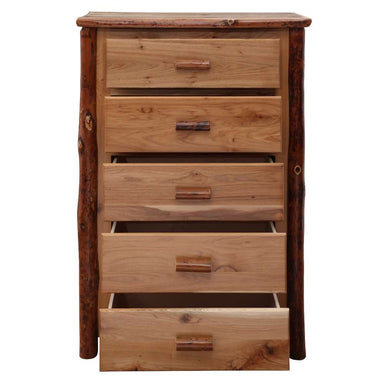 Side view of Fireside Lodge Hickory Log Five Drawer Chest shows solid wood panels and sturdy log posts