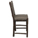 Side view of Fireside Lodge Hickory Log Upholstered Counter Stool highlights its solid hickory log frame, reinforced stretchers, and thick padded upholstery