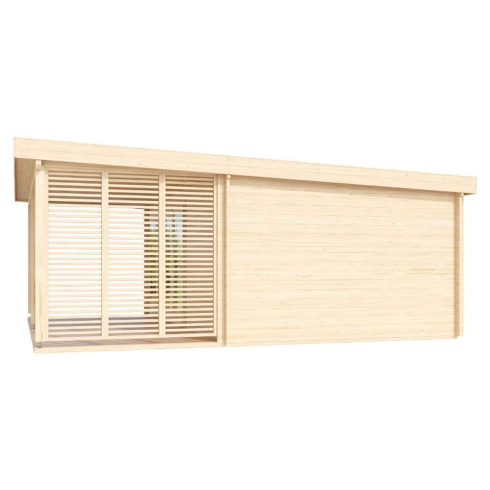 Side view of GardenHouse24 USA Kaarlo 70 Garden Room shows a wooden wall beside a slatted terrace screen