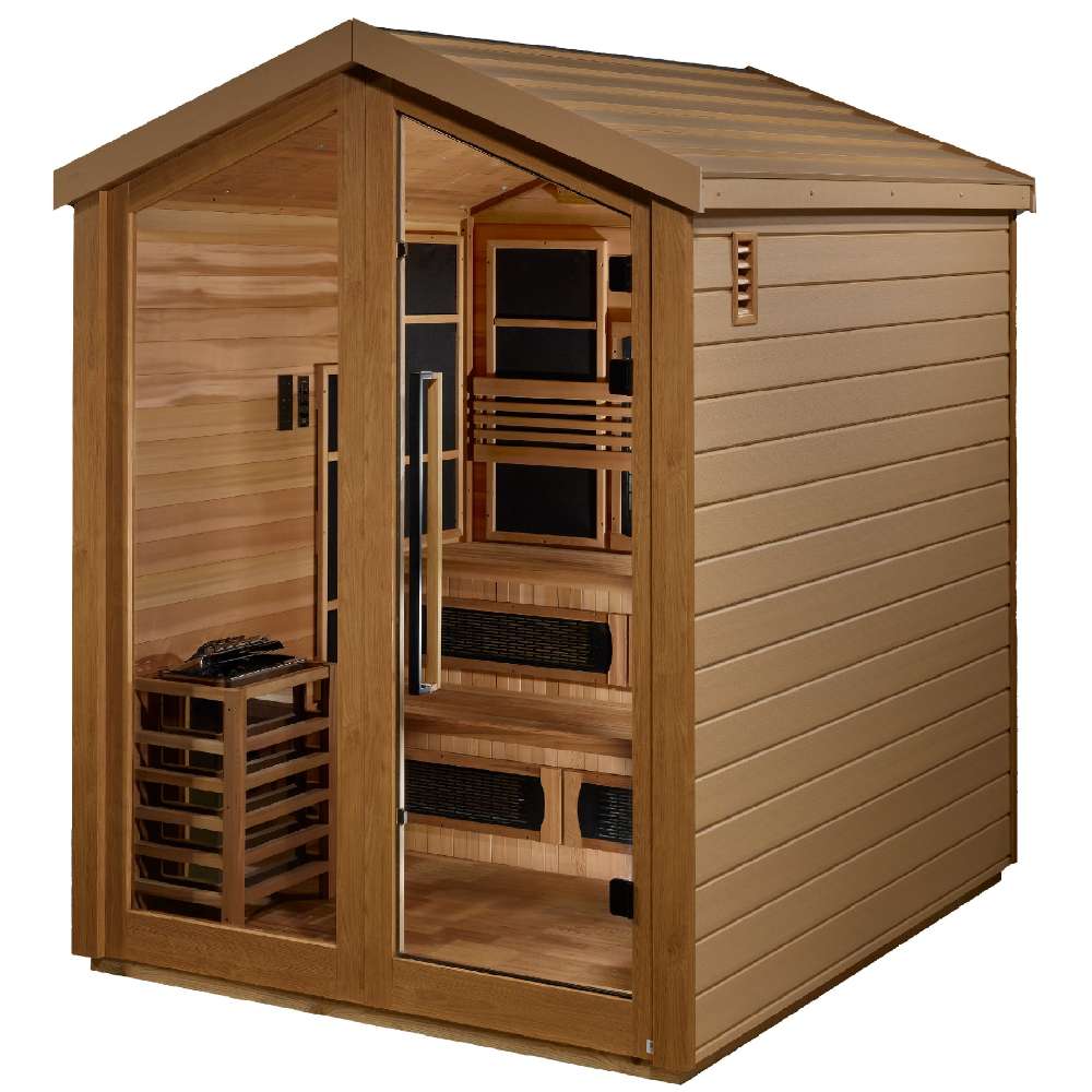 Side view of Golden Designs Kaskinen 6 Person Barn Hybrid Outdoor Sauna from the right showing horizontal wood siding, a peaked roof and the guarded stove through the glass