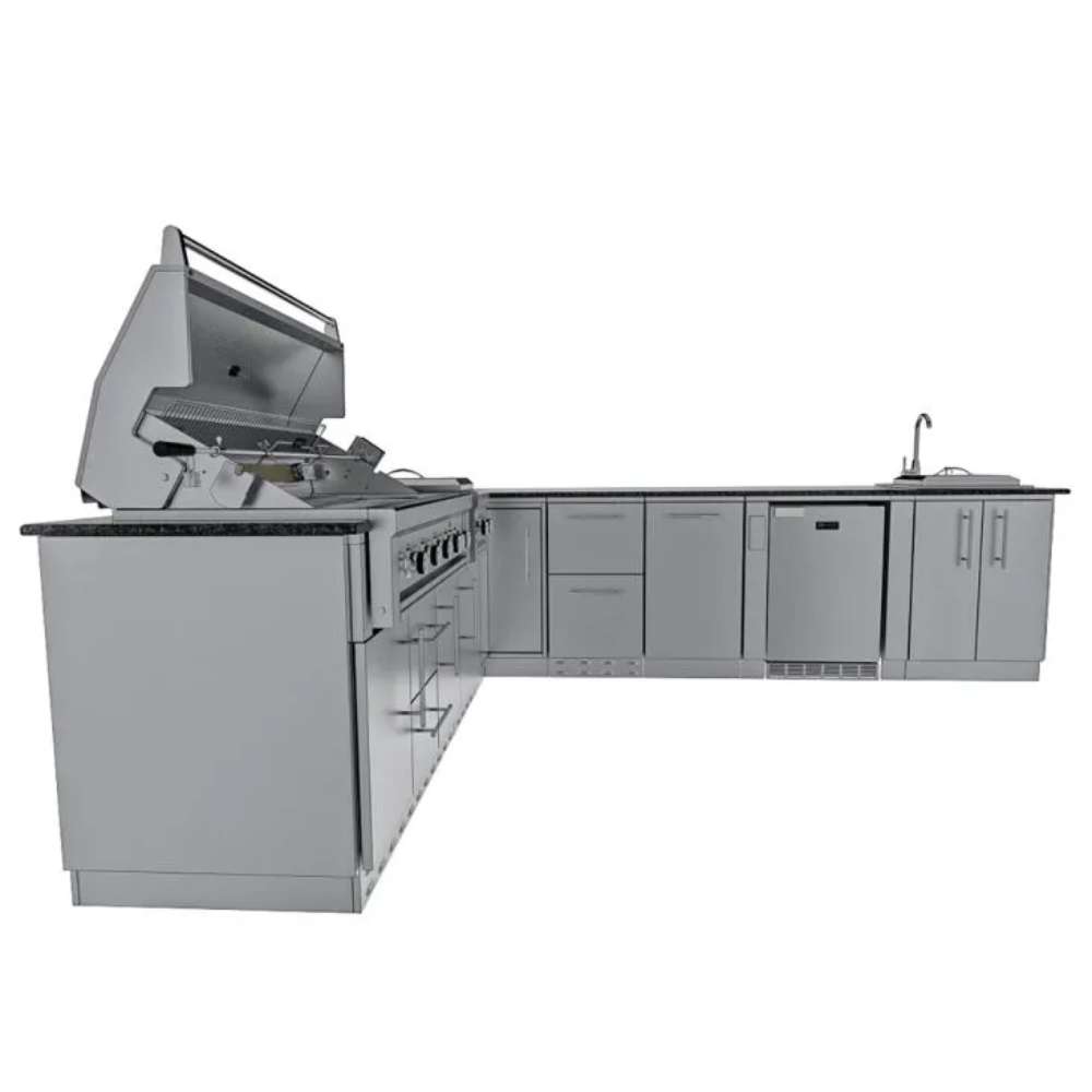 Side view of Sunstone Rancher L-Shaped 8′11″ × 11′ Outdoor Kitchen Package highlighting stainless steel design