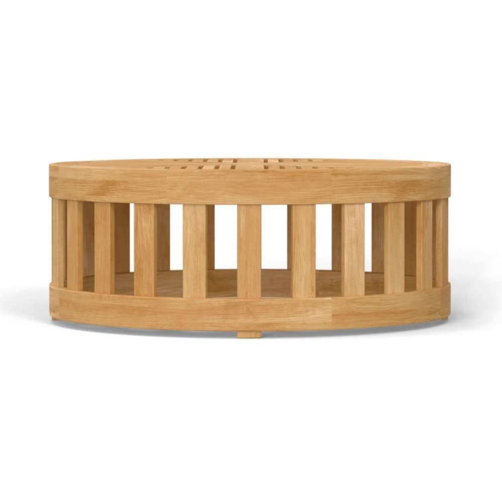 Side view of Westminster Teak 36-Inch Kafelonia Teak Coffee Table with a low profile, smooth teak frame, and open slatted sides