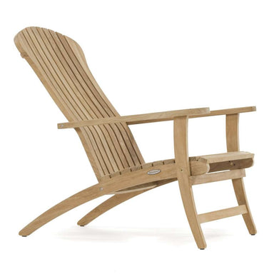 Side view of Westminster Teak Adirondack Lounger on a white background, highlighting its slatted backrest and smooth teak frame