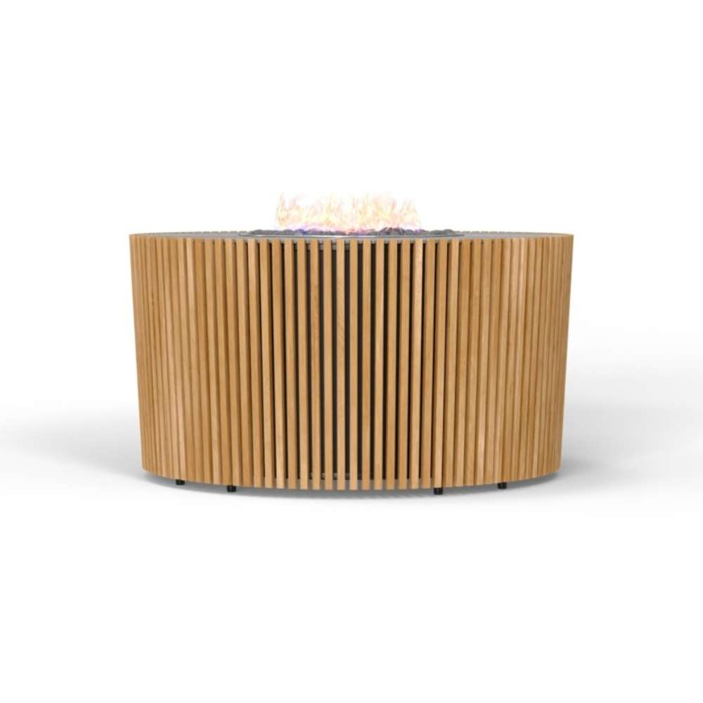 Side view of Westminster Teak Agora Fire Table highlights its modern round teak slatted design