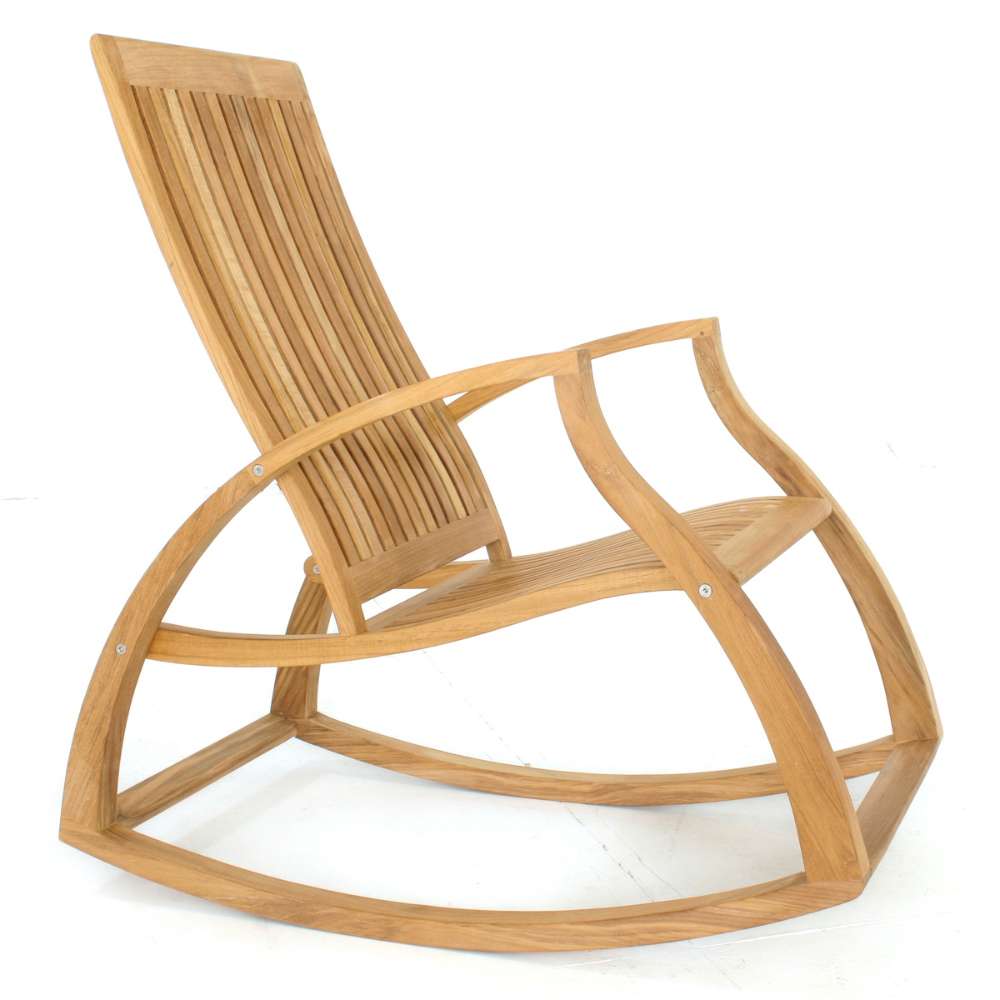 Side view of Westminster Teak Aria Rocker highlights its curved rocking base and angled backrest against a white background