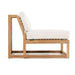 Side view of Westminster Teak Maya Slipper Chair with cushions highlights its low profile, angled backrest, and solid teak frame