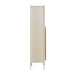 Side view of the slim Crate & Barrel Annie 38" Whitewash Storage Cabinet with rounded top and raised legs