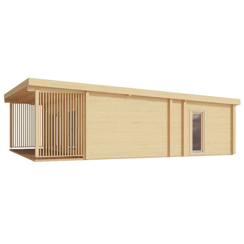 Side angle of the GardenHouse24 USA Arhus 70 Garden Room highlights its sleek, elongated structure with vertical slatted wooden paneling partially enclosing the porch
