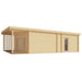 Side angle of the GardenHouse24 USA Arhus 70 Garden Room highlights its sleek, elongated structure with vertical slatted wooden paneling partially enclosing the porch