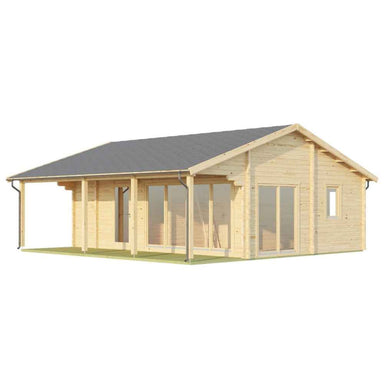 Side angle of the GardenHouse24 USA Mikka 70B Garden Room featuring expansive floor-to-ceiling glass doors under a covered patio