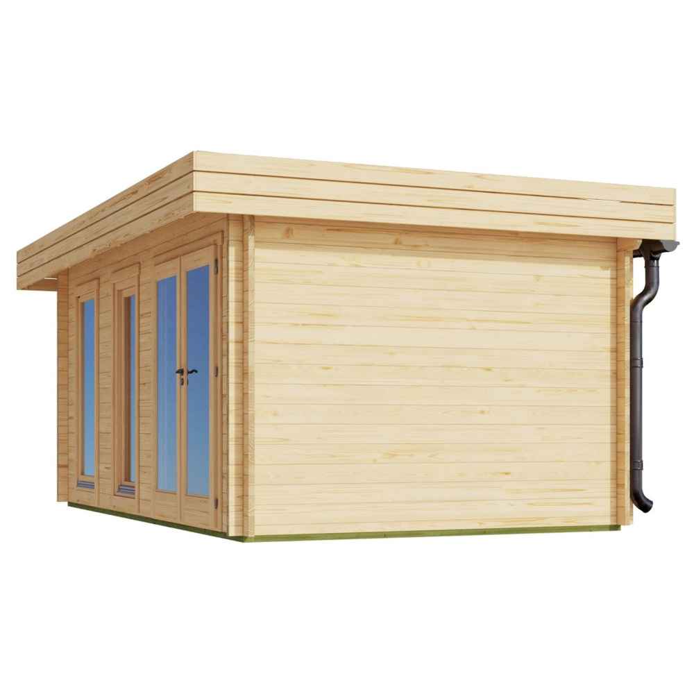 Side angle of the GardenHouse24 USA Miriam 44B Modern Garden Room features modern glass-panel doors and windows along with the rainwater drainage pipe