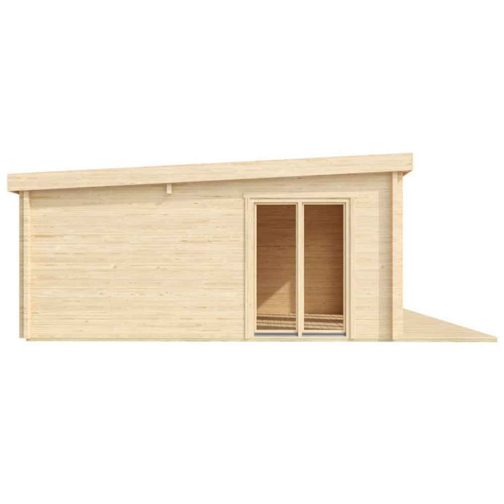 Side angle reveals the sleek sloped roof and double glass doors of the GardenHouse24 USA Henning 70 Garden Room