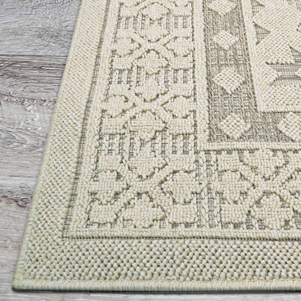 Side angle showing the intricate border design of Couristan Liguria Indoor/Outdoor Rug - Sarzana/Dove Grey