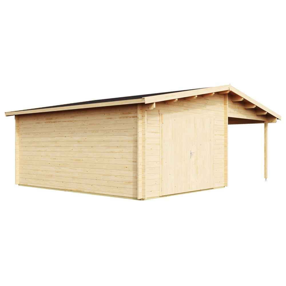 Side angle view of the GardenHouse24 USA Garage Bjarne 44 Garden Room showing its wooden exterior and a closed double-door garage section