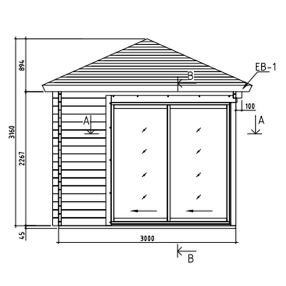 Side elevation blueprint displays the 3000 mm wide glass-panel wall and sloped roof of the GardenHouse24 USA Pavilion ALU 44B Garden Room