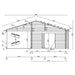 Side elevation blueprint of the GardenHouse24 USA Bendy 70 Garden Room illustrates the pitched roof, wall log patterns, and verticalhorizontal structure dimensions