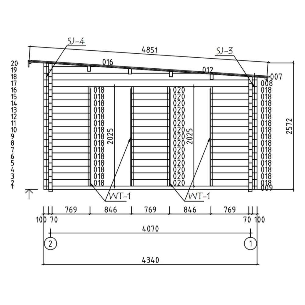 Side elevation blueprint of the GardenHouse24 USA Game Room 70 Garden Room reveals measurements, vertical paneling, and window placements for the structure