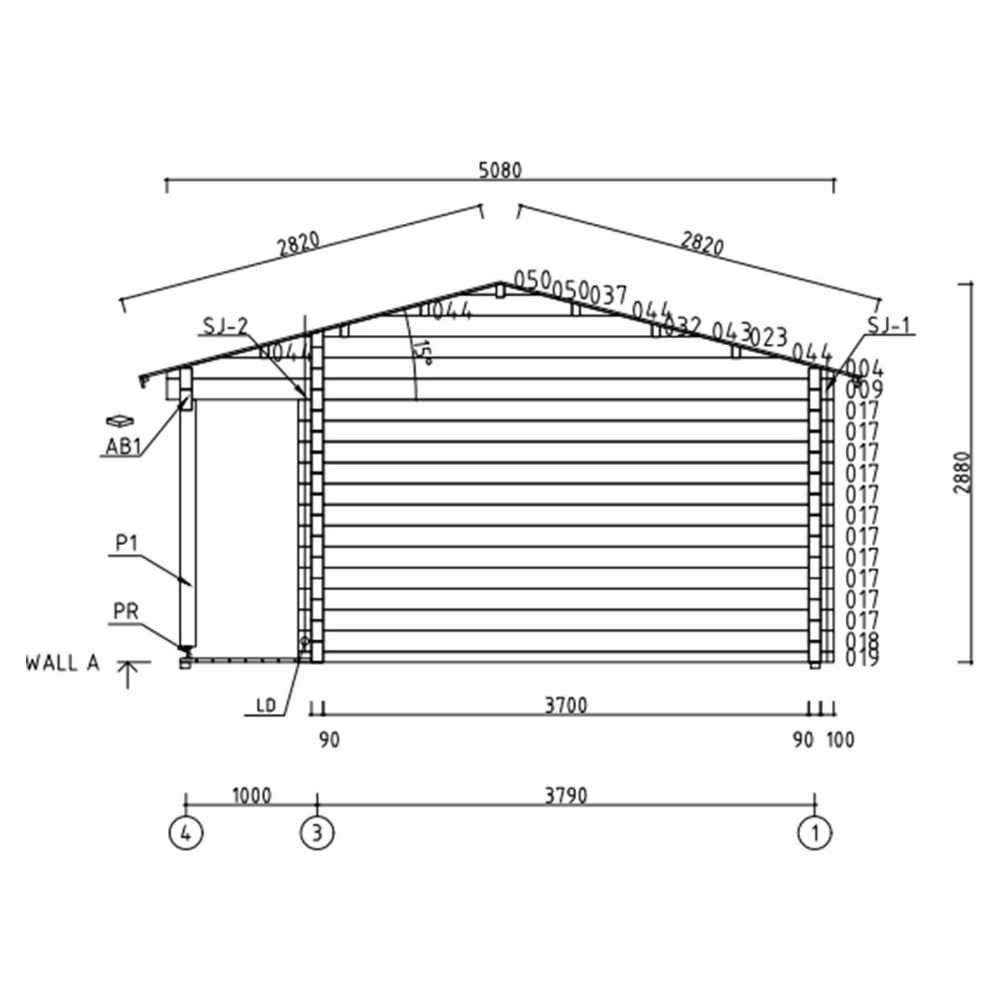 Side elevation blueprint of the GardenHouse24 USA Lilja 90 Garden Room shows the slanted roof and wall panel measurements