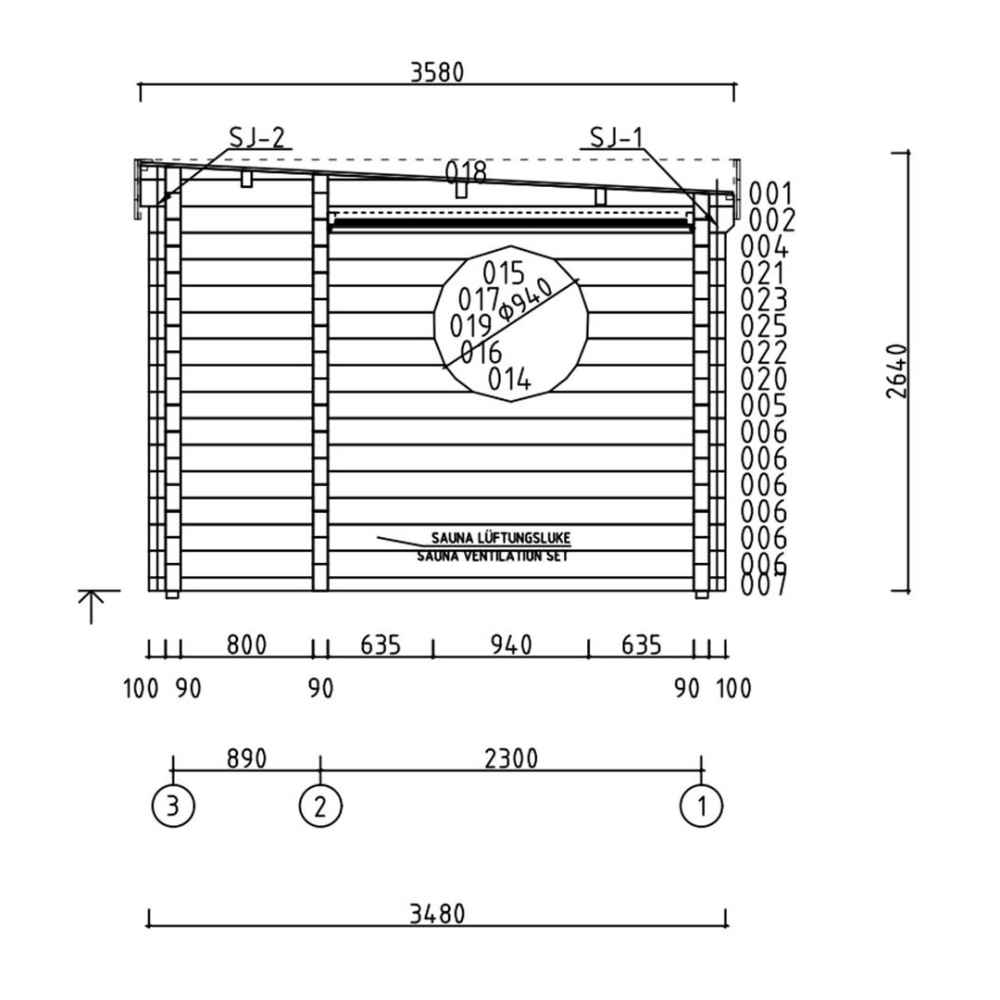 Side elevation blueprint of the GardenHouse24 USA Sauna Tuuli 90 Garden Room displaying wall measurements and the position of the circular window and ventilation set