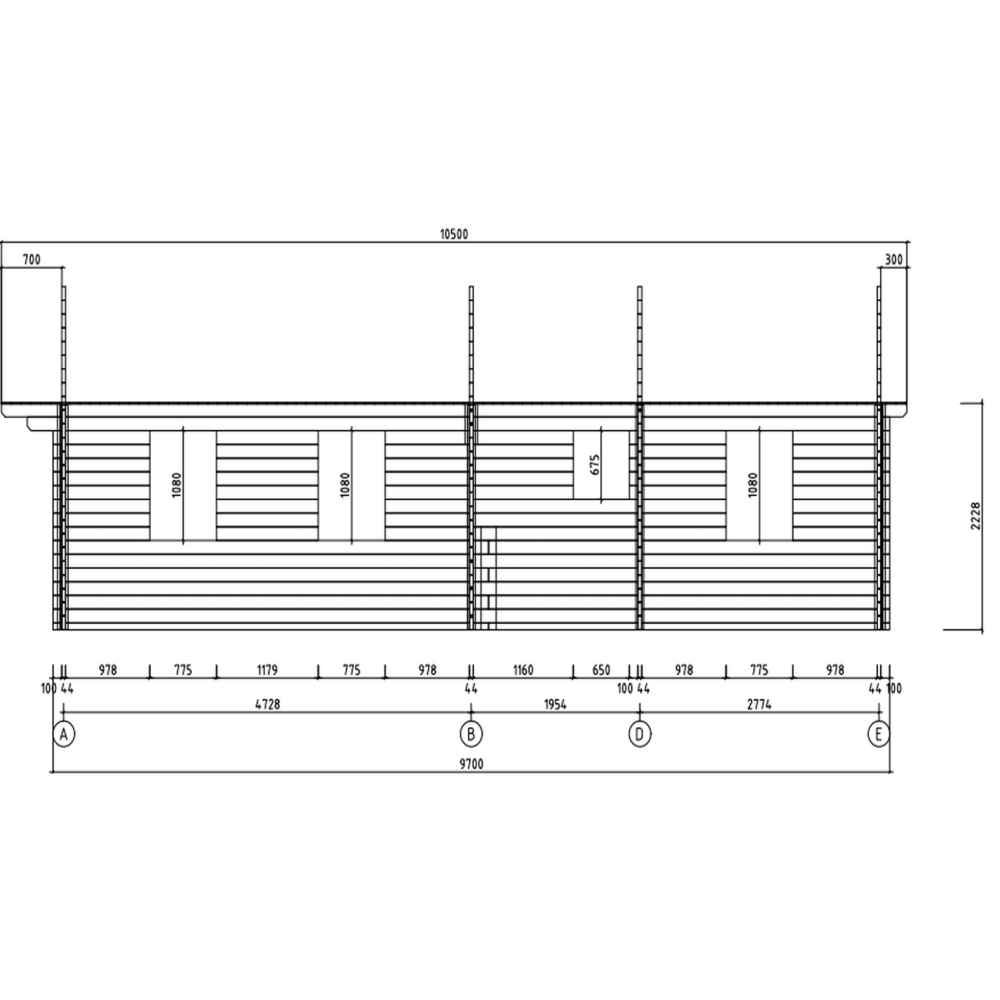 Side elevation blueprint of the GardenHouse24 USA Sean 44 Garden Room shows the precise positioning of windows and structural divisions along the building's length