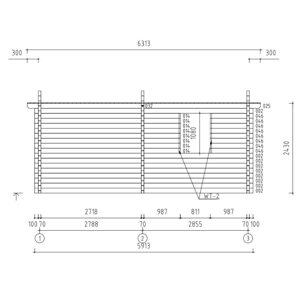 Side elevation blueprint of the GardenHouse24 USA Taunus 70 VD Garden Room features window placement and total length dimensions