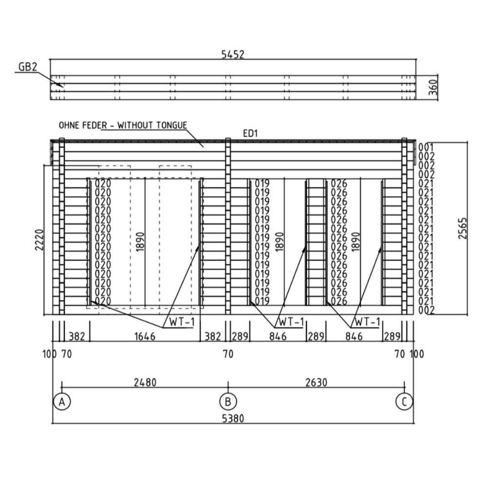 Side elevation diagram of the GardenHouse24 USA Sauna Giusto 70 Garden Room, labeling window and wall placements with dimensions