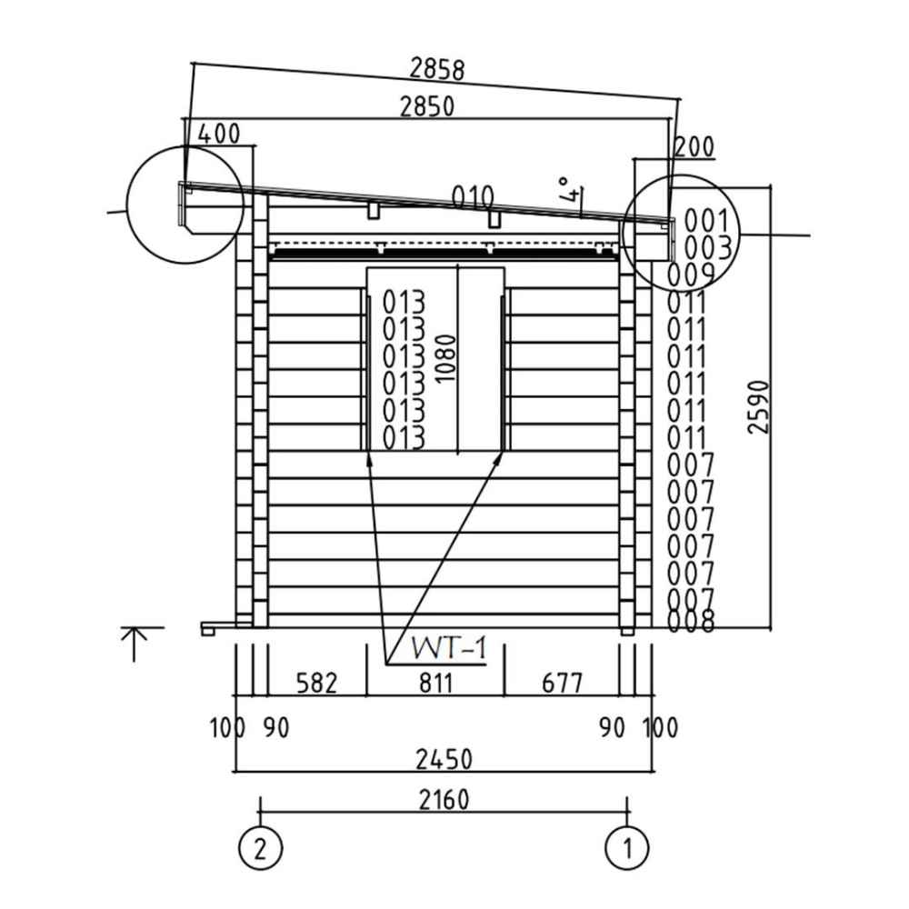 Side elevation diagram of the GardenHouse24 USA Sauna Li 90 Garden Room includes roof pitch, wall dimensions, and a window placement