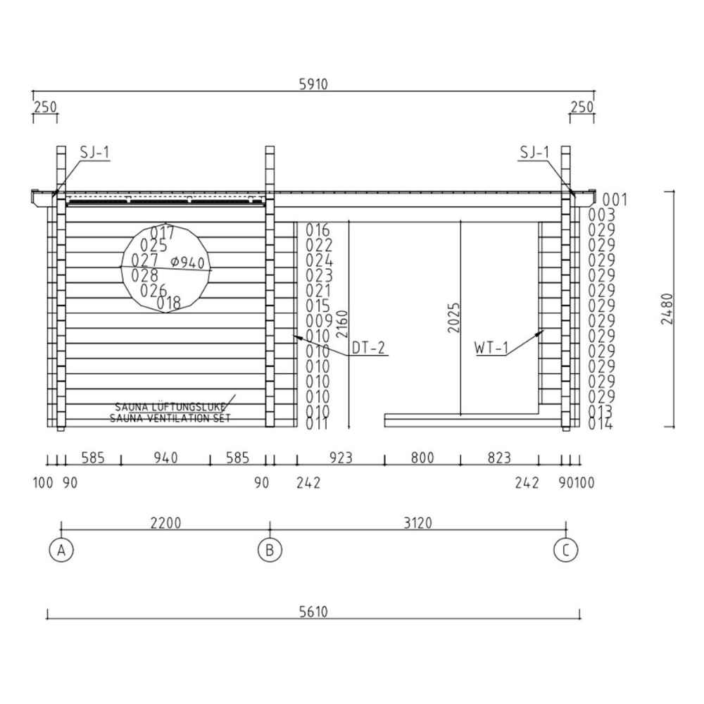 Side elevation diagram of the GardenHouse24 USA Sauna Sanna 90 Garden Room presents technical construction details like wall height, window placement, and ventilation