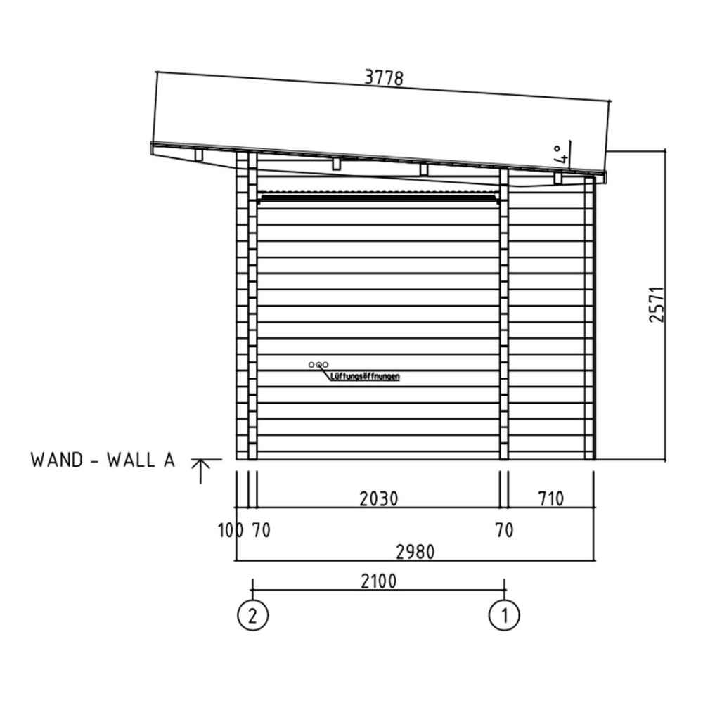 Side elevation diagram shows the wall height and ventilation layout of the GardenHouse24 USA Urho 70 A Garden Room, emphasizing structural details
