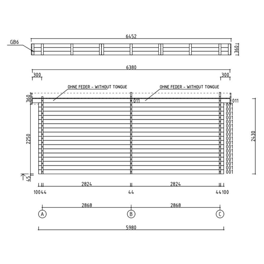 Side elevation drawing details the wall assembly and height measurements of the GardenHouse24 USA Carport Kampen 44 Garden Room